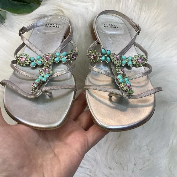 Stuart Weitzman Silver Sandals Turquoise & Crystal Gem Embellishments 9.5 - Picture 9 of 11